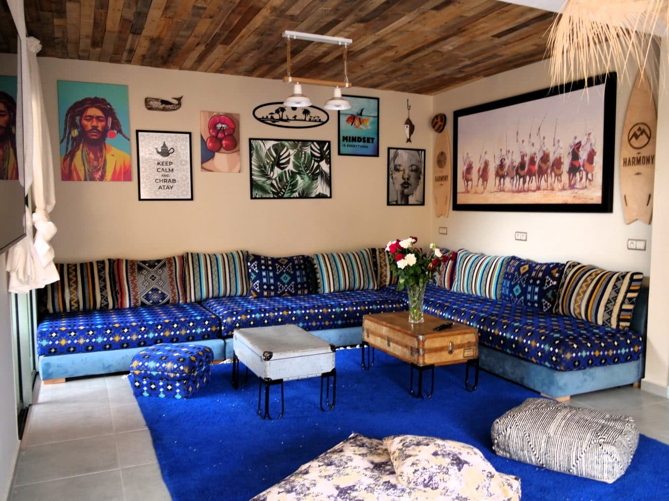 The Moroccan lounge with low seating and patterned cushions